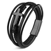 Pulseira Bracelete Masculino Couro Cruz Fecho Imã Elegante