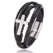 Pulseira Bracelete Masculino Couro Cruz Fecho Imã Elegante