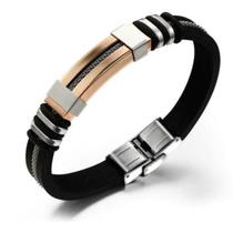 Pulseira Bracelete Masculino Silicone Com Detalhe Aço Inox