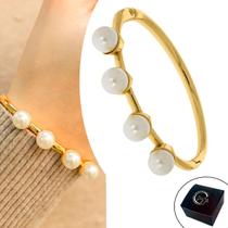 Pulseira Bracelete Oval 4 Pérolas 66mm Semijoia Banhado a Ouro