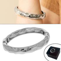 Pulseira Bracelete Paládio / Prata Oval Martelado Orgânico 72mm Semijoia