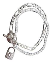 Pulseira Bracelete Prata Cadeado Pedra Zircônia Riviera Pulseira Bracelete Prata Cadeado Pedra Zircônia Riviera