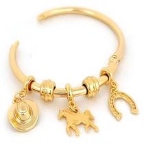 Pulseira Bracelete Redondo Cavalo Chapéu Ferradura Folheado a Ouro Pulseira Bracelete Redondo Cavalo Chapéu Ferradura Folheado a Ouro