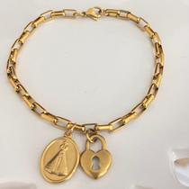 Pulseira Cadeia de Consagração de Nossa Senhora Cadeado Coração - Aço Inox