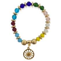Pulseira Cigana colorida com pingente roda em cristal e silicone douradas - Lua Mistica