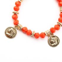 Pulseira Cigana Laranja com Moedas Cristal e Silicone