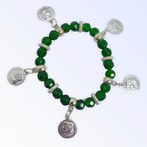 Pulseira Cigana verde cristal e silicone com moedas pratas - Lua Mistica