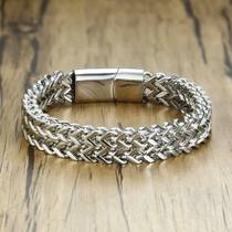 Pulseira clássica versátil corrente prateada masculina aço inoxidável fivela magnética metal