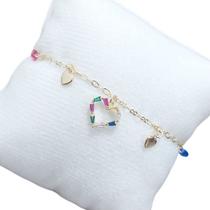 Pulseira Colorida F. Ouro 18k Com Zircônia Pingente Coração Pulseira Colorida F. Ouro 18k Com Zircônia Pingente Coração