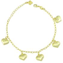 Pulseira Com 5 Pingentes De Coração PRI Style Folheada A Ouro 18K Antialérgica PPRI509 Pulseira Com 5 Pingentes De Coração PRI Style Folheada A Ouro 18K Antialérgica PPRI509