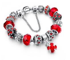 Pulseira com Berloques De Prata Pingente Vermelho