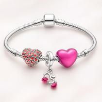 Pulseira com Berloques Prateado Estilo Pandora. Coração Rosa