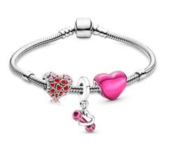 Pulseira com Berloques Prateado Estilo Pandora. Coração Rosa