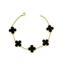 Pulseira com Cinco Trevos Negros Banhado a Ouro - Acessório Elegante Pulseira com Cinco Trevos Negros Banhado a Ouro - Acessório Elegante