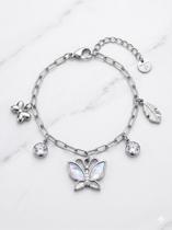 Pulseira Com Cristais Borboleta Laço Folha 22CM Aço Com Extensor Pulseira Com Cristais Borboleta Laço Folha 22CM Aço Com Extensor