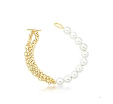 Pulseira com Elos Lisos e Pérolas Shell Banhada a Ouro - 18 cm