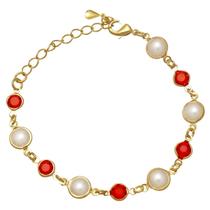 Pulseira com Pérolas e Cristais Vermelhos Folheado em Ouro 18K Softjoias