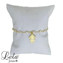 Pulseira com pérolas e pingente ovelha folheado em ouro 18k