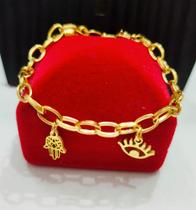 Pulseira Com Pingentes Hamsa e Olho Grego Aço Inox Sua Proteção