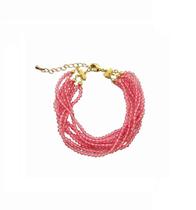 Pulseira com Sete Fileiras de Cristais Rosa Banhada a Ouro - 18 cm + 5 cm Extensor