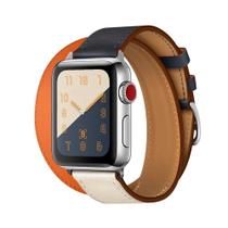 Pulseira compatível 42mm 44mm 45mm 49mm compativelCouro Genuíno Hermes Premium Marrom Azul e Laranja iCarrer Pulseira compatível 42mm 44mm 45mm 49mm compativelCouro Genuíno Hermes Premium Marrom Azul e Laranja iCarrer