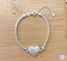 Pulseira Coração Cravejado em Prata 925 com Comprimento de 19cm