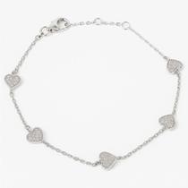 Pulseira Coração em Prata de Lei com Cinco Corações Cravejados de Zircônias