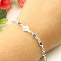 Pulseira Coração Pedra Azul Elo Portugues Prata Legítima 925 Pulseira Coração Pedra Azul Elo Portugues Prata Legítima 925