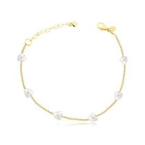 Pulseira Corações Com Pérolas Intercaladas Folheada A Ouro Dourada