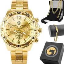 Pulseira + Cordao Grumet + Relogio Banhado Aco Masculino original casual dragao social dourado analogico presente Pulseira + Cordao Grumet + Relogio Banhado Aco Masculino original casual dragao social dourado analogico presente