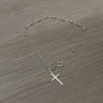 Pulseira corrente bolinhas com pingente cruz prata 925