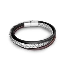 Pulseira: corrente de couro de camada tripla para homens, aço inoxidável de 22 cm