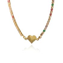 Pulseira Corrente De Zircônias Coloridas Sortidas E Coração Chapado F027 Pulseira Corrente De Zircônias Coloridas Sortidas E Coração Chapado F027