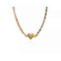 Pulseira Corrente de Zircônias Coloridas Sortidas e Coração Chapado Pulseira Corrente de Zircônias Coloridas Sortidas e Coração Chapado