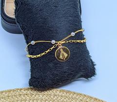 Pulseira Corrente Dupla Camadas Adulto e infantil com Pérolas com Pingente Medalha Nossa Senhora de Aparecida