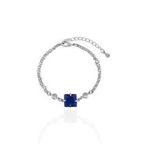 Pulseira Corrente dupla Com Zircônia Quadrada Azul e Pontos de Luz Banho Ródio Branco