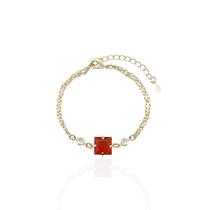 Pulseira Corrente dupla Com Zircônia Quadrada Rubi e Pontos de Luz Banho Ouro 18K