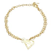 Pulseira Corrente Dupla de Corações e Pingente com Coração e Chave Folheada em Ouro 18K Softjoias