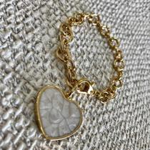 Pulseira Corrente Elo Português , Pingente Coração Madre Perola