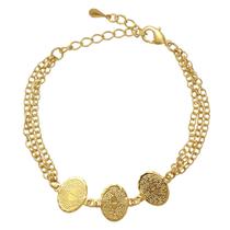 Pulseira Corrente Tripla com Três Pingentes Ovais Oração Pai Nosso Folheada em Ouro 18K Softjoias