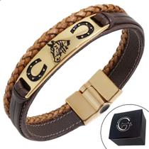 Pulseira Country Bracelete Ferradura Cavalo Couro Fecho Imã