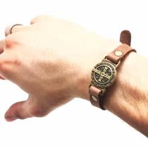 Pulseira Couro Marrom Medalha São Bento Ouro Velho