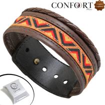 Pulseira Couro Marrom Preto Dupla Ajustável Trança Indígena Tribal