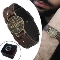 Pulseira Couro Masc Country Ajustável São Bento Proteção Marrom