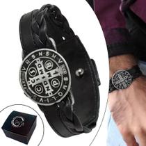 Pulseira Couro Masc Country Ajustável São Bento Proteção Preto