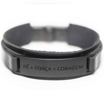 Pulseira Couro Masculina Fé+Força+Coragem - Black Edition