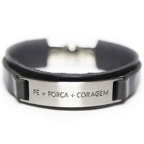 Pulseira Couro Masculina Fé+Força+Coragem Preto