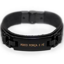 Pulseira Couro Masculina Foco Força Fé - Black Edition
