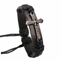 Pulseira Couro Masculina Pingente Cruz Pai Nosso Bracelete - PENDULARI