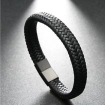 Pulseira Couro Masculina Preto Trançado Fecho Magnético All Black